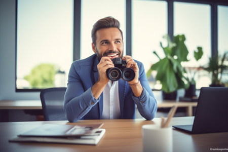 Handsome man examining camera while sitting at his working place in studio : Generative AIの素材