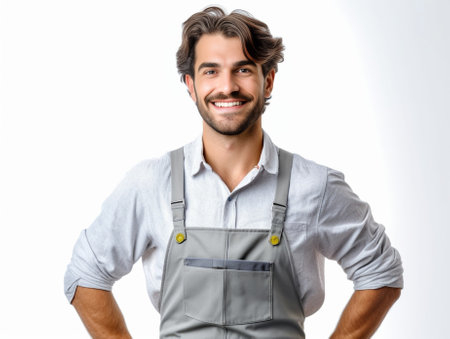 Handsome young man in apron looking at camera and holding hands on hip while standing against gray background : Generative AIの素材