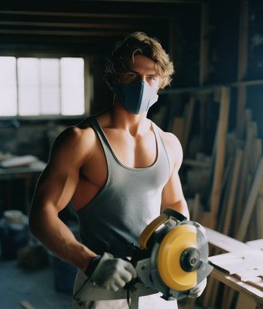 Handyman using saw Confident young handyman using saw in workshop : Generative AIの素材