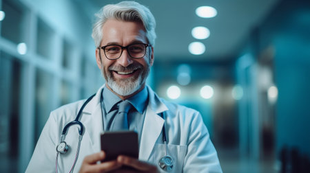 Good news Cheerful mature doctor talking on the mobile phone and gesturing while his colleagues talking in the background : Generative AIの素材