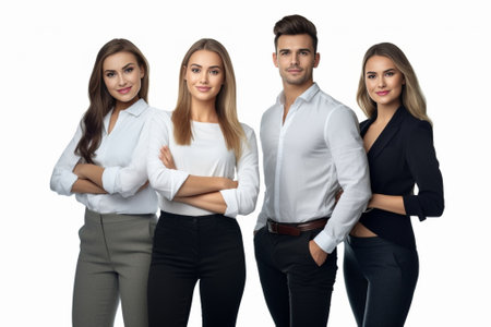Happy business team Four happy young people in smart casual wear looking at camera while bonding to each other and standing against white background : Generative AIの素材