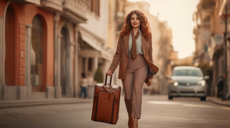 Good to hear from you Beautiful young woman in suit pulling luggage and smiling while walking outdoors : Generative AIの素材
