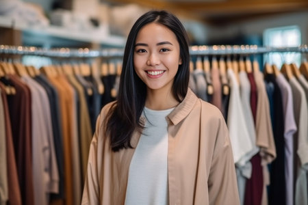 Happy young woman choosing clothes in fashion store : Generative AIの素材