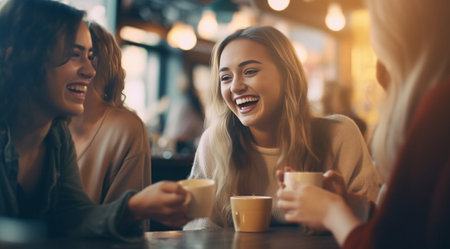 Happy friends in restaurant Two young women having fun while drinking coffee at the restaurant : Generative AIの素材