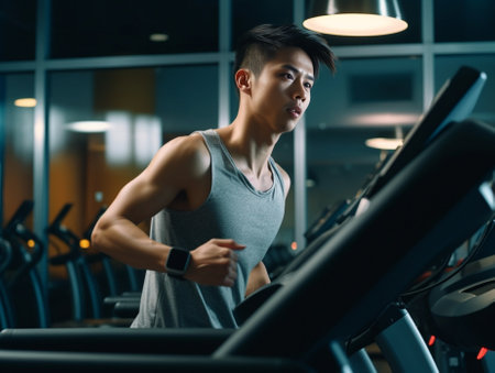 Handsome on treadmill Low angle view of young handsome man in sportswear running on treadmill and looking away at gym : Generative AIの素材