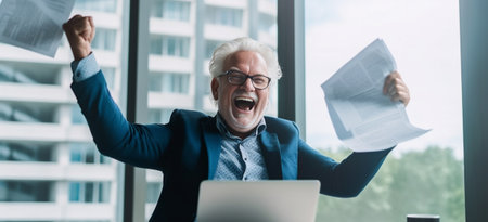 Happy mature businessman pointing paper with pen while analyzing graphs and charts in the office : Generative AIの素材
