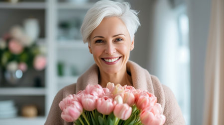 Happy senior woman smelling a bunch of yellow tulips while relaxing at home : Generative AIの素材