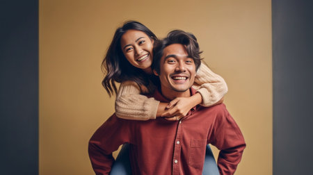 Happy loving couple Happy young man piggybacking his girlfriend while keeping arms outstretched : Generative AIの素材