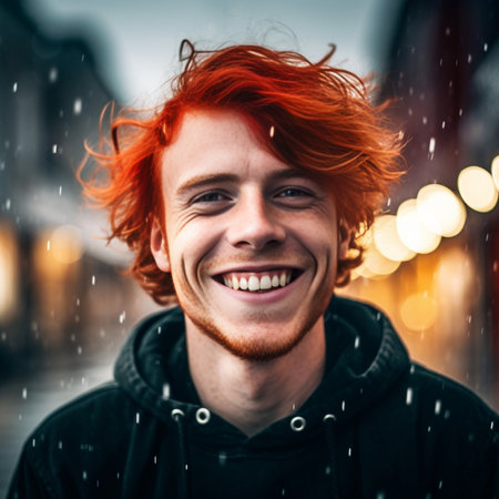 Happy young redhead man holding yellow star and smiling with sky in the background : Generative AIの素材