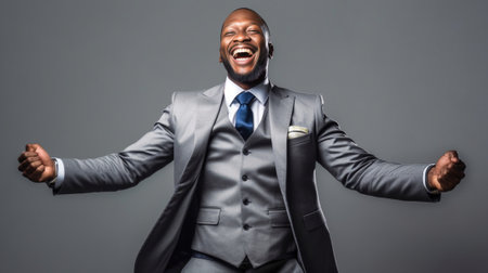 Handsome young African man in formalwear pointing you and smiling while standing against grey background : Generative AIの素材