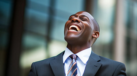 Happy African man in shirt and tie carrying jacket on shoulder and smiling : Generative AIの素材