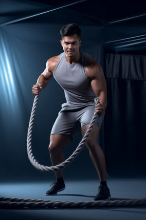 Handsome young man using jumping rope while exercising in gym : Generative AIの素材