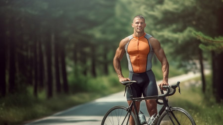Handsome young man on bicycle resting after riding bicycle by the scenic road : Generative AIの素材