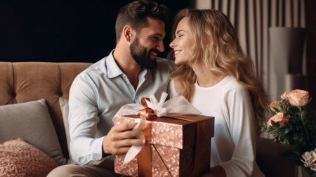 Happy woman receiving a gift box from her boyfriends while both sitting in bed : Generative AIの素材