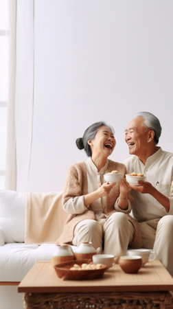 Happy mature couple in bathrobes enjoying breakfast while spending time together : Generative AIの素材