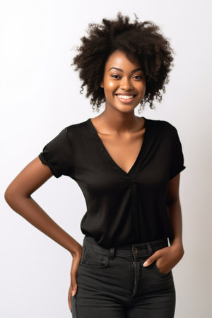 Happy female Attractive young African woman looking away and smiling while standing against grey background : Generative AIの素材