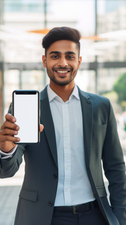 Happy Indian man using smart phone while standing against black and white background : Generative AIの素材