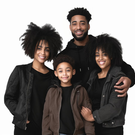 Happy to be a family Happy family of four bonding to each other and smiling while standing against white background : Generative AIの素材