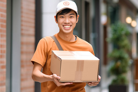 Happy delivery man Cheerful young delivery man holding a cardboard box while standing against residential house : Generative AIの素材