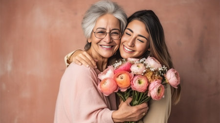 Happy mother holding tulips while her adult daughter standing near and against pink background : Generative AIの素材