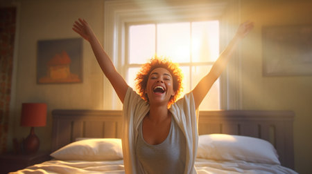 Happy young African woman keeping arms outstretched while waking up in bed : Generative AIの素材