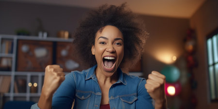 Happy African woman in fluffy jacket creating her dancing video on phone camera at home : Generative AIの素材