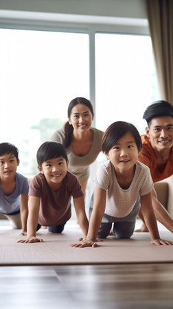 Happy sporty family Happy family bonding to each other while lying on exercise mat in sports club : Generative AIの素材
