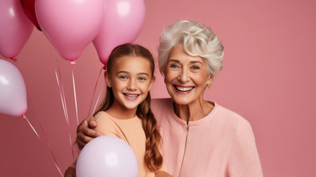 Happy mother holding tulips while her adult daughter standing near and against pink background : Generative AIの素材