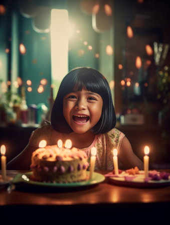Happy little girl blowing candles on birthday cake while having dinner with family : Generative AIの素材