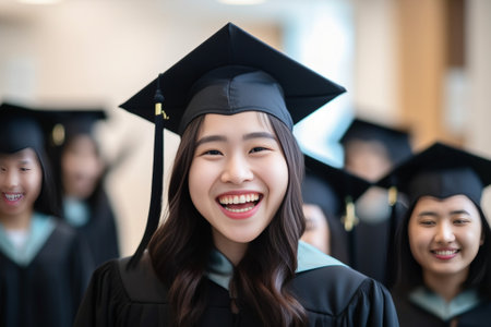 Happy to be graduated Happy young woman in graduation gowns holding diploma and smiling while her friends standing in the background : Generative AIの素材