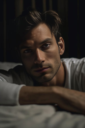 Day dreaming in bed Pensive young man looking at camera and holding hand on chin while lying on front in bed against grey background : Generative AIの素材