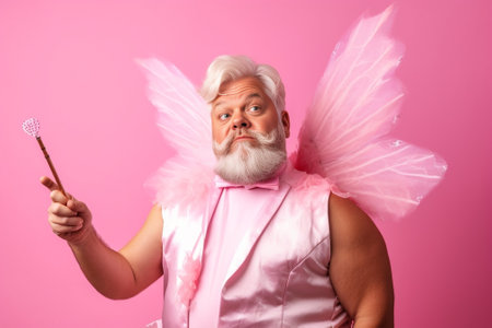 Happy mature man carrying tennis racket and pointing camera while standing against pink background : Generative AIの素材