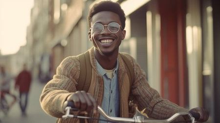 Happy young African man leaning at the wall while standing near his bicycle : Generative AIの素材