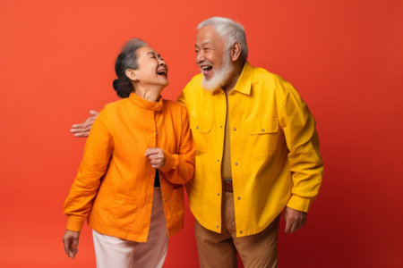 Happy senior couple in protective facemasks kissing while standing against orange background : Generative AIの素材