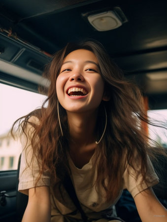 Happy to travel Attractive young woman looking out the vans window and smiling while sitting on the front passenger seat : Generative AIの素材