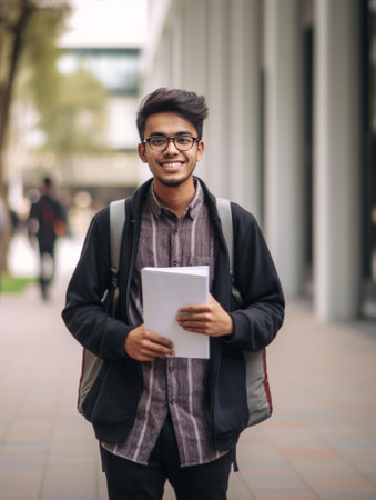 Happy bookworm Handsome male student holding textbooks and smiling while sitting at the outdoors staircase with university building in the background : Generative AIの素材