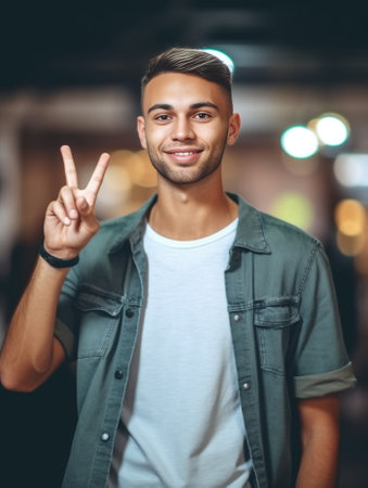 Handsome young man in casual clothing looking at camera and keeping arms outstretched : Generative AIの素材