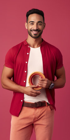 Handsome young man in Hawaiian necklace looking happy while standing against red background : Generative AIの素材