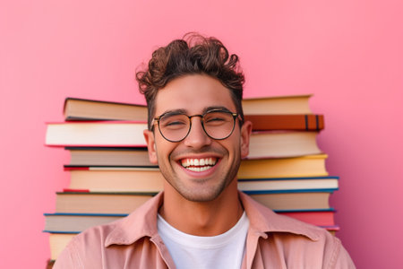 Happy bookworm Top view of happy young man holding hands behind head and smiling while lying on the hardwood floor with colorful books laying all around him : Generative AIの素材