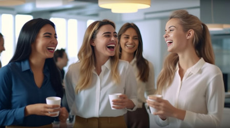 Happy to be a part of successful team Happy young woman holding cup of coffee and looking at camera while her colleagues discussing something in the background : Generative AIの素材