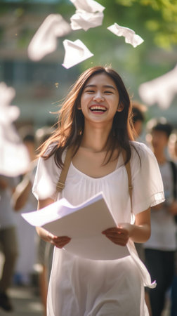 Happy female student carrying textbooks while her friends standing on the background : Generative AIの素材