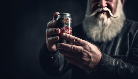 Drink fresh milk Traditional Santa Claus stretching out hand with glass of milk while standing against grey background : Generative AIの素材