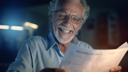 Happy senior man checking the papers and looking at camera with smile while sitting on the sofa at home : Generative AIの素材