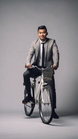 Elegant and stylish Full length of confident young businessman carrying his bicycle on shoulder while standing against grey background : Generative AIの素材