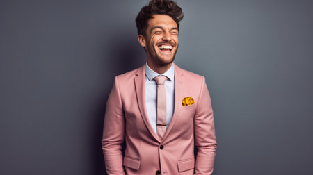 Happy young man in suit unbuttoning his jacket while standing against pink background : Generative AIの素材