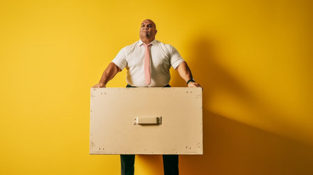 Happy redhead man stretching out a gift box while standing against yellow background : Generative AIの素材