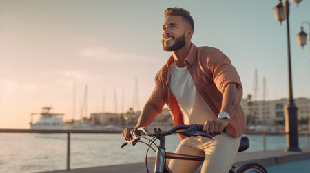 Happy young man in headphones leaning on his bicycle and smiling while spending time seaside : Generative AIの素材