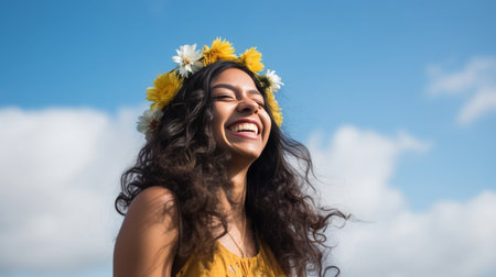 Happy young Ukrainian woman in floral crown holding yellow tulips with blue sky in the background : Generative AIの素材