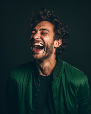 Happy young man laughing and keeping eyes closed while standing against green background : Generative AIの素材