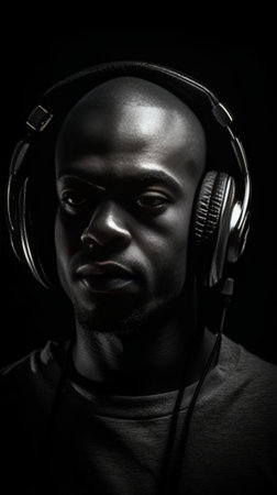 Energy inside me Furious young African man adjusting headphones and looking at camera with mouth open while standing against black background : Generative AIの素材